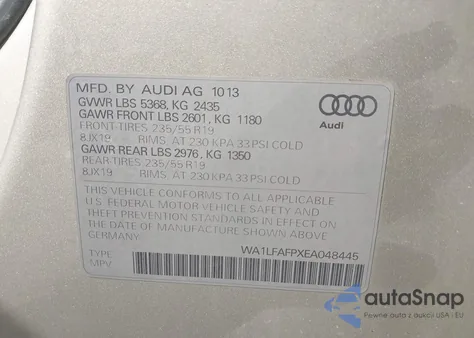 2014 Audi Q5 2.0T Premium z USA, uszkodzony, nr VIN WA1LFAFPXEA048445